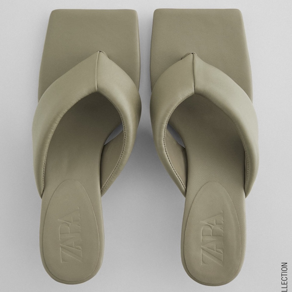 ZARA Quilted Leather Kitten Heels Sandals Green - Picture 2 of 4